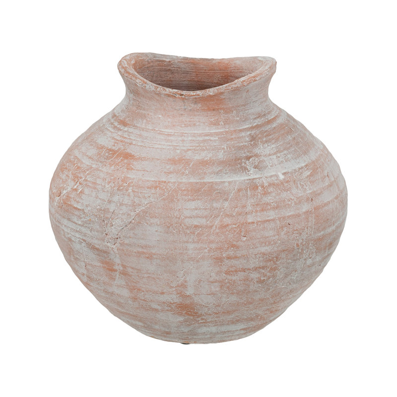 Bulbous Terracotta Vase with Weathered Gray and White Finish