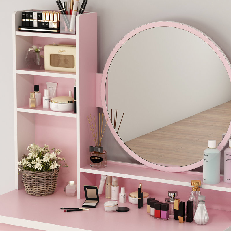 Meuble-lavabo 53,1 po avec tabouret et miroir Litzy, Rose