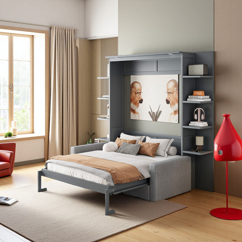 Grand lit escamotable, lit escamotable avec canapé, Gris
