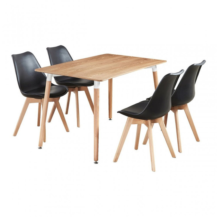 Stephenie 4 Person Dining set - a Rectangular Plastic Dining Table with Wooden Legs and a Set of 4 Faux Leather Cushion Padded Dining Chairs for Dining Room - Modern Dining Table Set