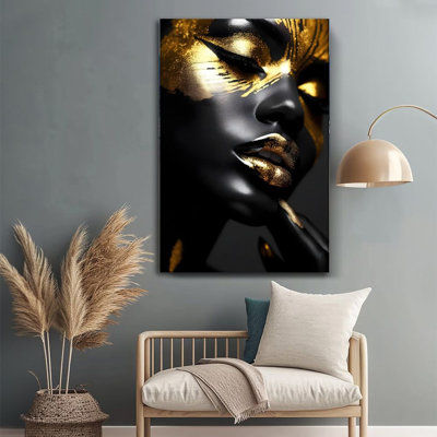 1Pc Canvas 24x36 inches Large Wall Art Black and Gold Mask, Golden Makeup, Surrealistic Art Style Framed Wall Decor for Home Decor & Room Decor Print for Home, Living Room, Bedroom