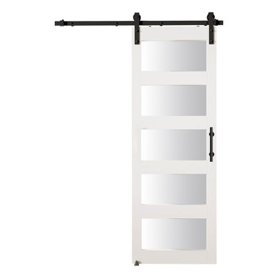 Porte de grange coulissante en PVC 30/32/36 blanc moderne avec 5 panneaux de verre givré et quincaillerie d'installation noir mat