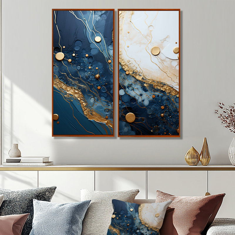 Encre de marbre or et bleu IV - Art abstrait à l'encre liquide, H 40 po x l 40 po, Impression encadrée flottante, Brun