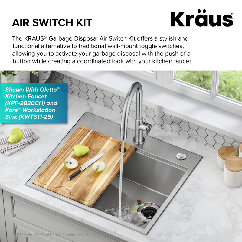 KRAUS Garbage Disposal Air Switch Kit with Push Button, AC Adapter, Power Cord, and Air Tube Included, Chrome