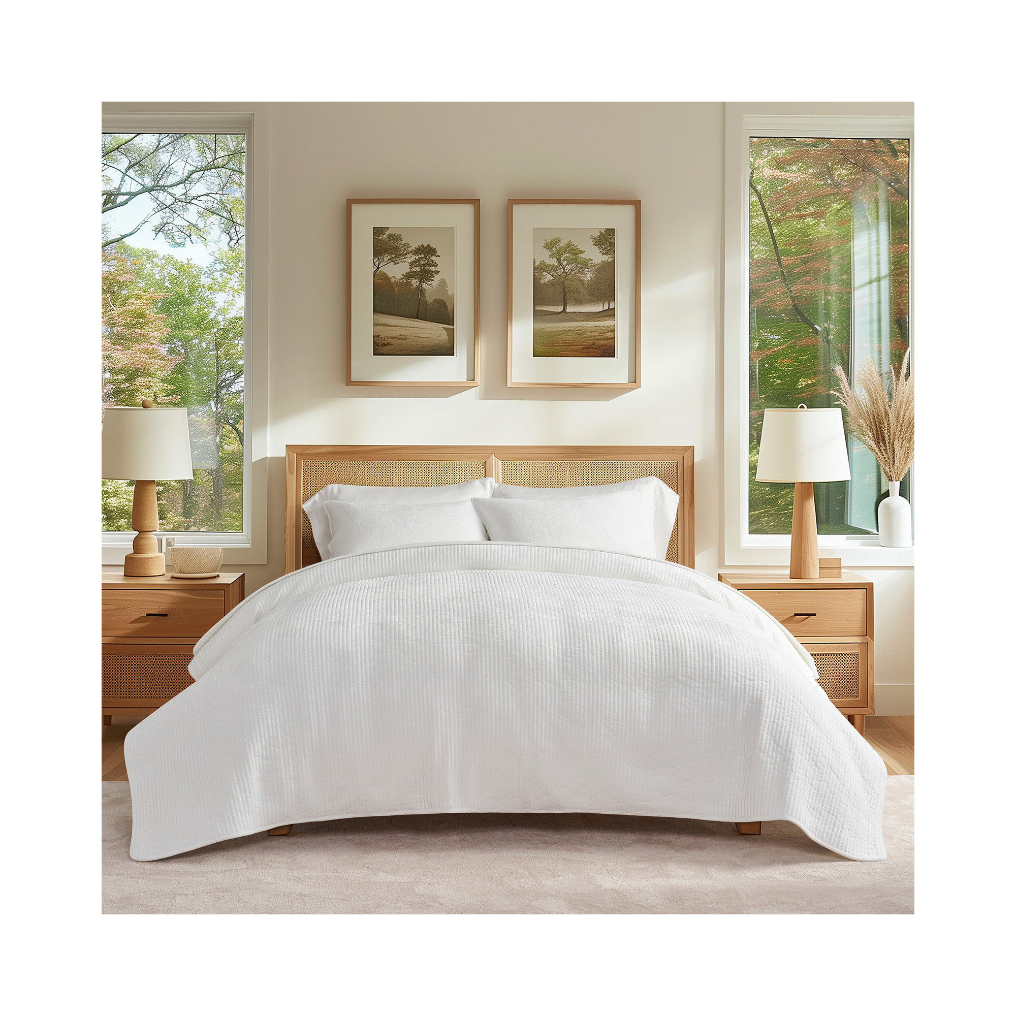 Striped Channel Velvet Quilt Set, King, White