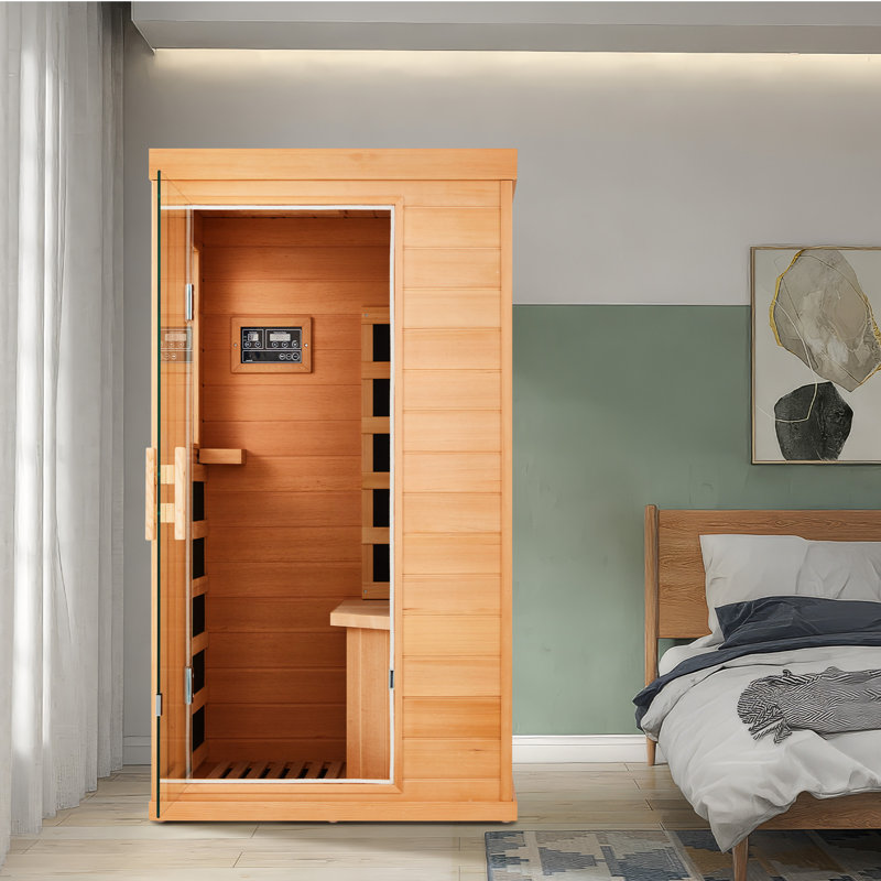 1-Person Infrared Sauna – Compact Hemlock Wood Indoor Dry Sauna with 4 Heater Panels, Bluetooth Speaker, Tempered Glass Door – Easy to Use and 110V