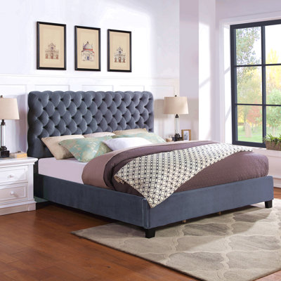 Lit capitonné en velours capitonné Roundhill Furniture Apoera, très grand, gris
