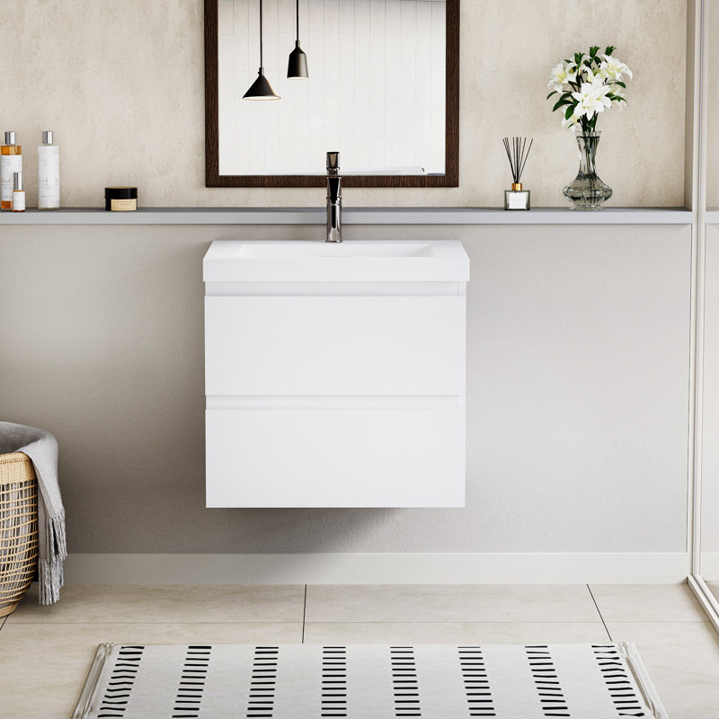 24" Glossy White Wall-Mounted Bathroom Vanity with Resin Sink