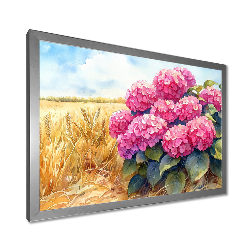 Hortensias dans le champ de grains I - Art mural d'hortensias pour le salon, Reproduction encadrée d'une seule photo
