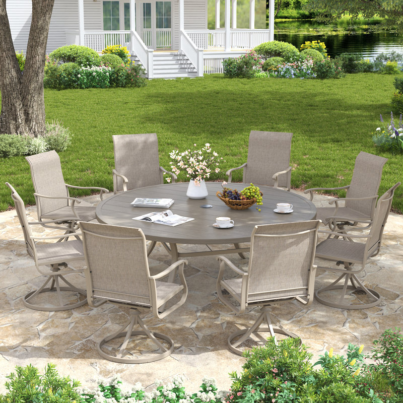 9-Piece 63" Round Outdoor Patio Dining Set With Swivel Armchair, Gray Woodlike/Cream