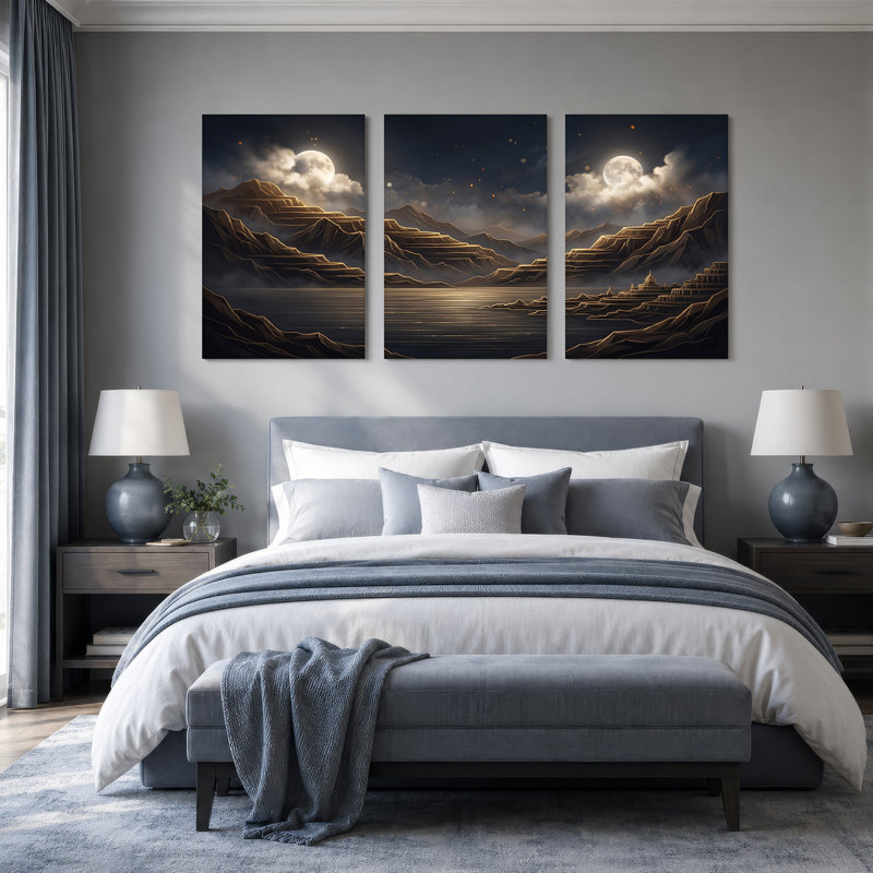 «Dual Moon», ensemble de 3 toiles en terrasses et lac, 36"H x 24"W x 3pcs
