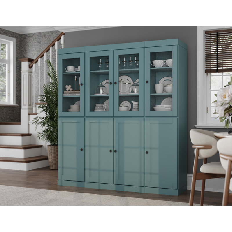 Vaisselier 100% bois massif 65 po avec verre transparent, portes Shaker et tablettes réglables, Bleu aqua