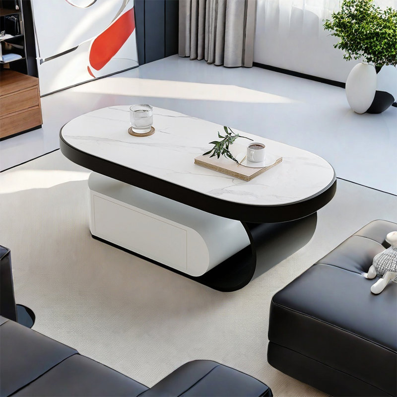 Modern simple oval shaped coffee table, Black/White, Black/White, 16.5" H x 51.2" L x 27.6" W