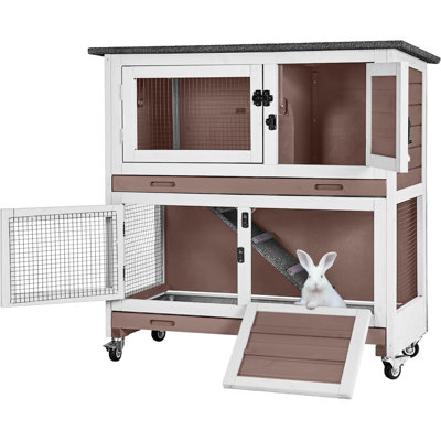 Rabbit Hutch Indoor Bunny Cage Outdoor 2 Storey Pet House Guinea Pig Cage on Wheels 36"