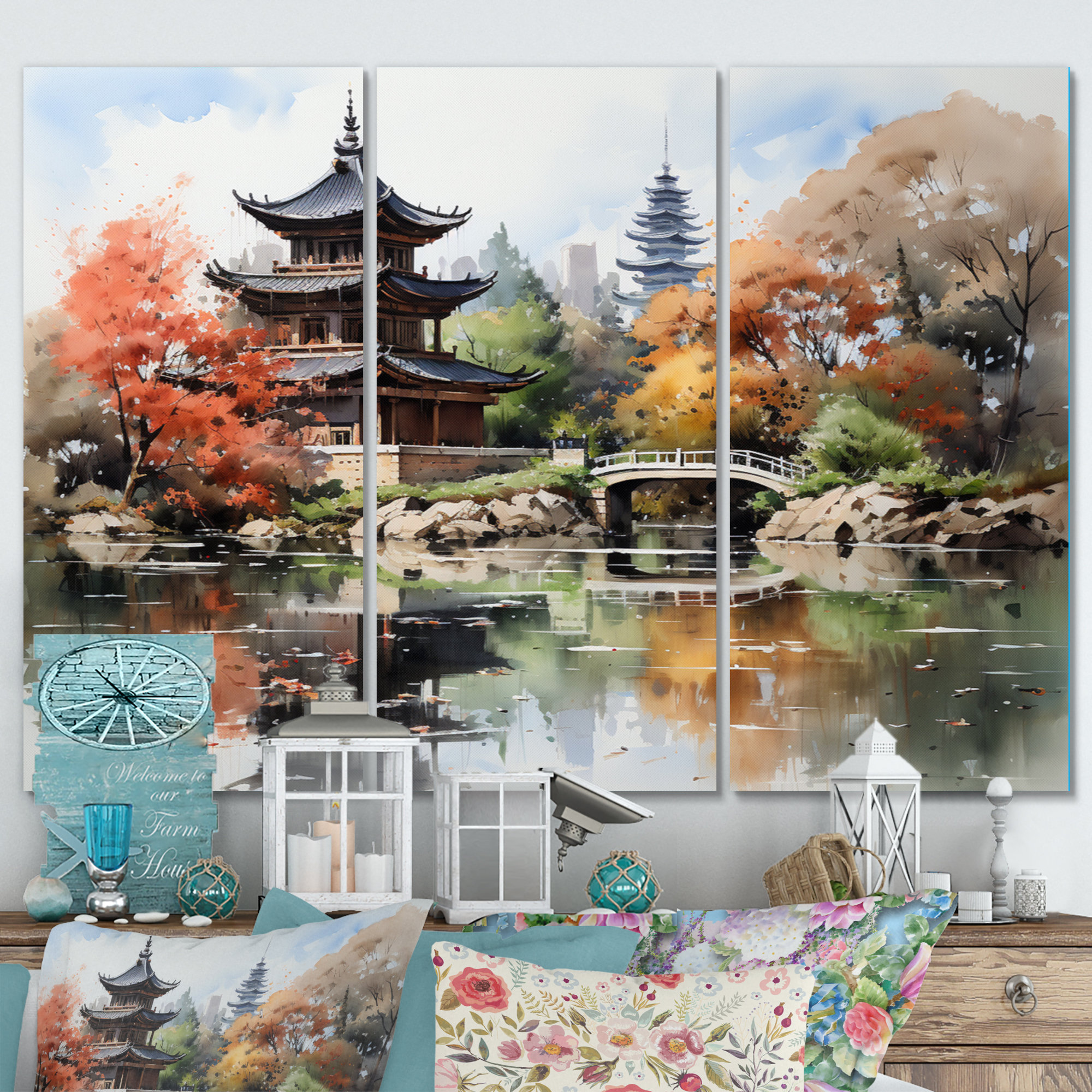 Winston Porter China Art Pagoda Serenity On Canvas 3 Pieces Print | Wayfair
