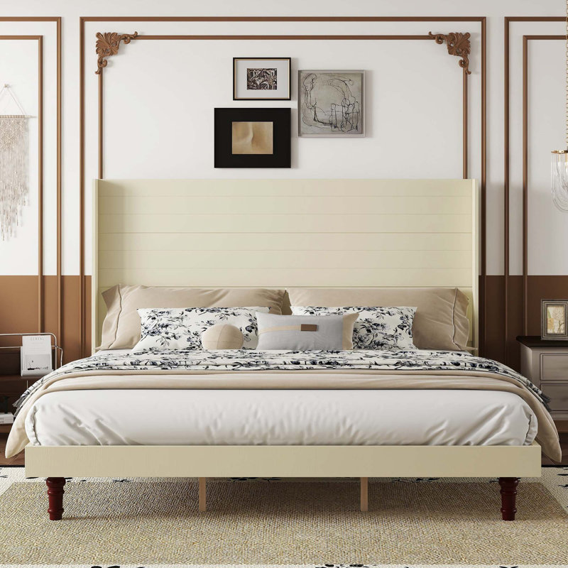 Stylish High Headboard Platform Bed, Beige, King