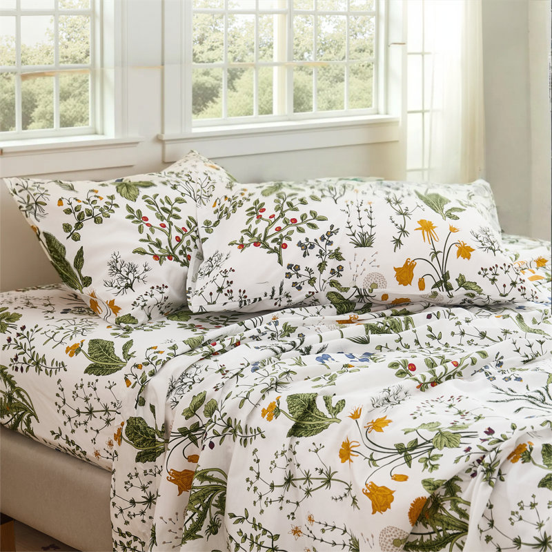 100% Cotton Sheet Set Queen Size – 4-Piece Vintage Green Floral Bedding Set, Soft Breathable Percale Weave, Deep Pocket Fitted Sheet 17.5", Crisp Cool Feel, Refined Botanical Elegance