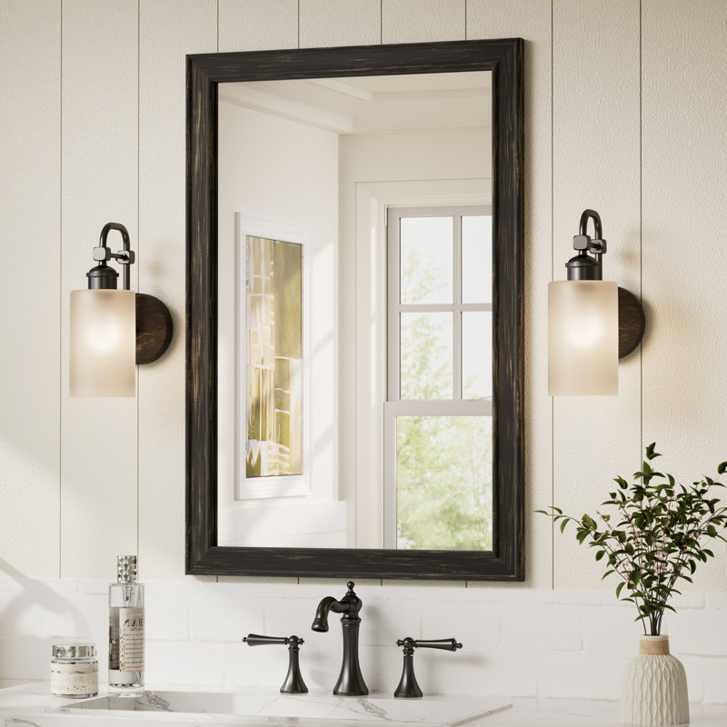 Rectangle Wall Mirror Bathroom Vanity Mirror with Solid Wood Frame, Tempered Glass, H 24 po x l 36 po, Noir