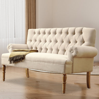 Linen Tufted Loveseat Bench, 2-Seater Upholstered Settee with Rolled Arms, Vintage Chesterfield Accent Sofa with Turned Wood Legs for Entryway Bedroom Living Room