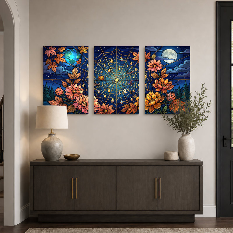 Toile d'araignée vitrail avec fleurs et Halloween, ensemble de 3 toiles, H 24 po x l 16 po x 3 pièces