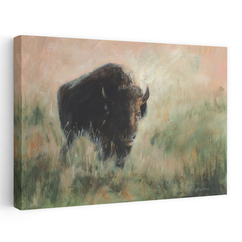 Bison in the Mist - Contemporary Landscape Brush Bison Art, H 48 po x l 32 po