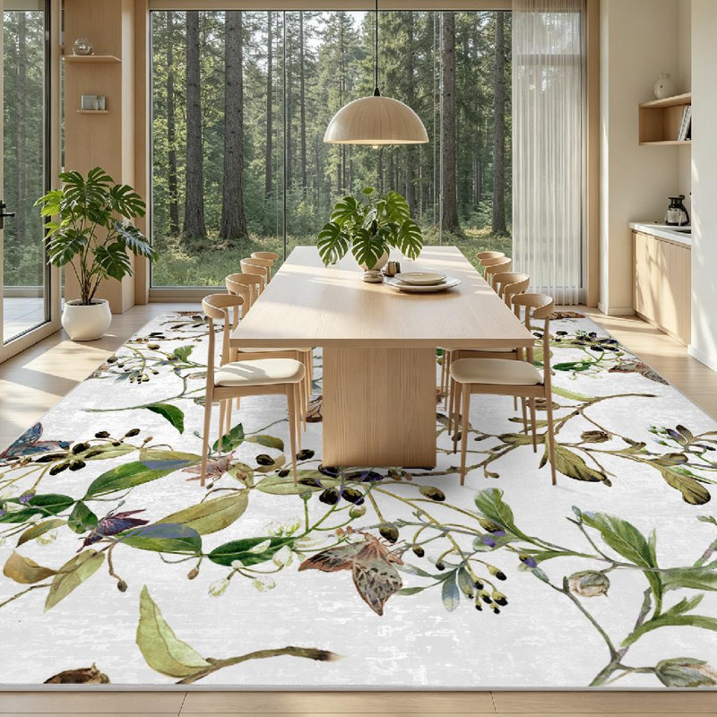 Green Colorful Abstract Watercolor Painting Leaf Flowers Tropical Machine Washable Indoor Area Rug, Rectangle 79" x 118"