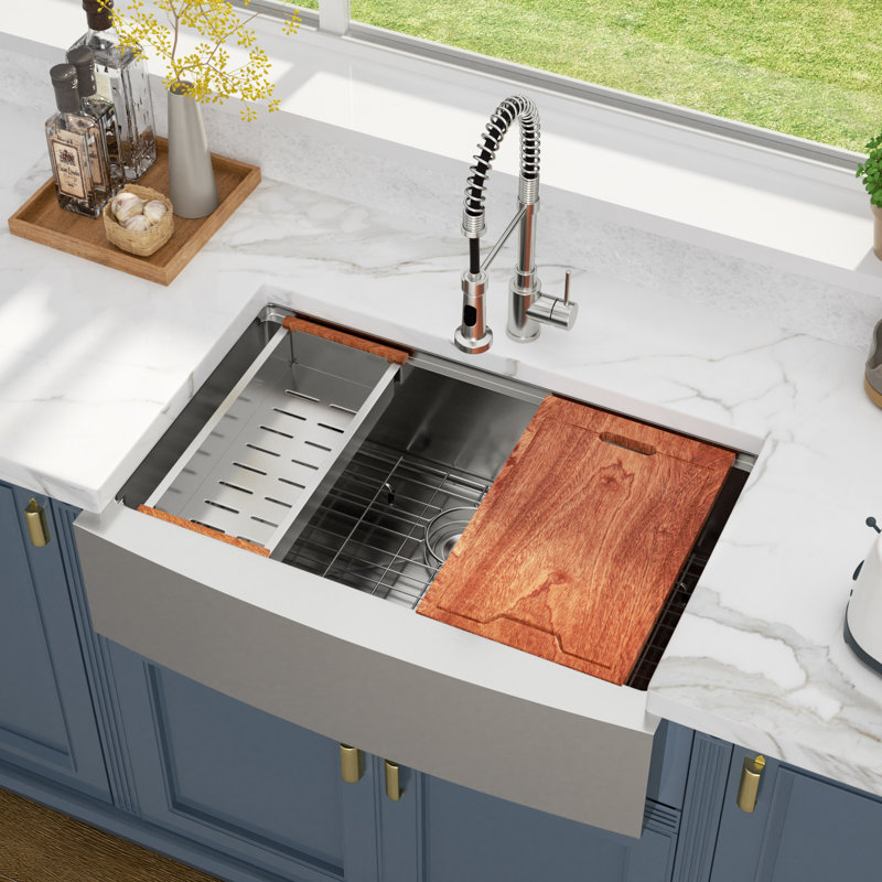 33" L x 22" W Farmhouse Workstation Kitchen Sink 16 Guage Stainless Steel Single Bowl Sink Apron Front Sink