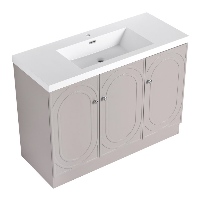 Freestanding Bathroom Vanity with Resin Sink and Soft-Close Cabinet Doors, Offering Adjustable Shelves and Customizable Handles for a Modern Bathroom