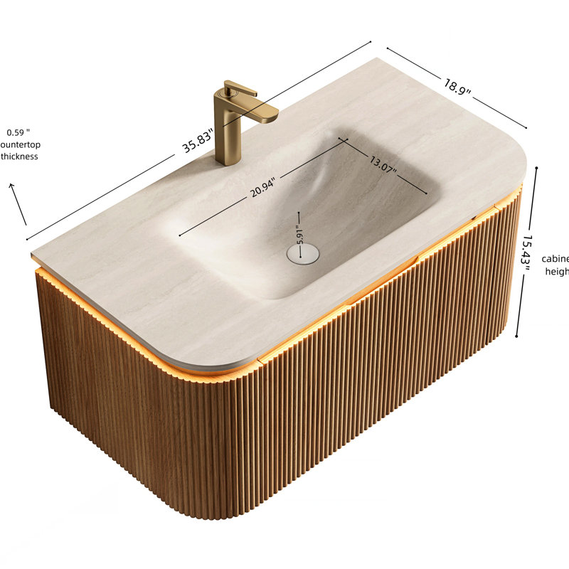 Meuble-lavabo de 36 po avec lavabo en pierre frittée à motif, armoire flottante, finition rayée 3D naturelle, éclairage à capteur DEL, système de fermeture en douceur, pré-assemblé, grand rangement, pierre de tiroir, facile à