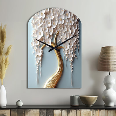 White Orchid Tree Garden Of Branches VI - Arch Modern Metal Clocks, Asymmetrical Metal Wall Clock Print