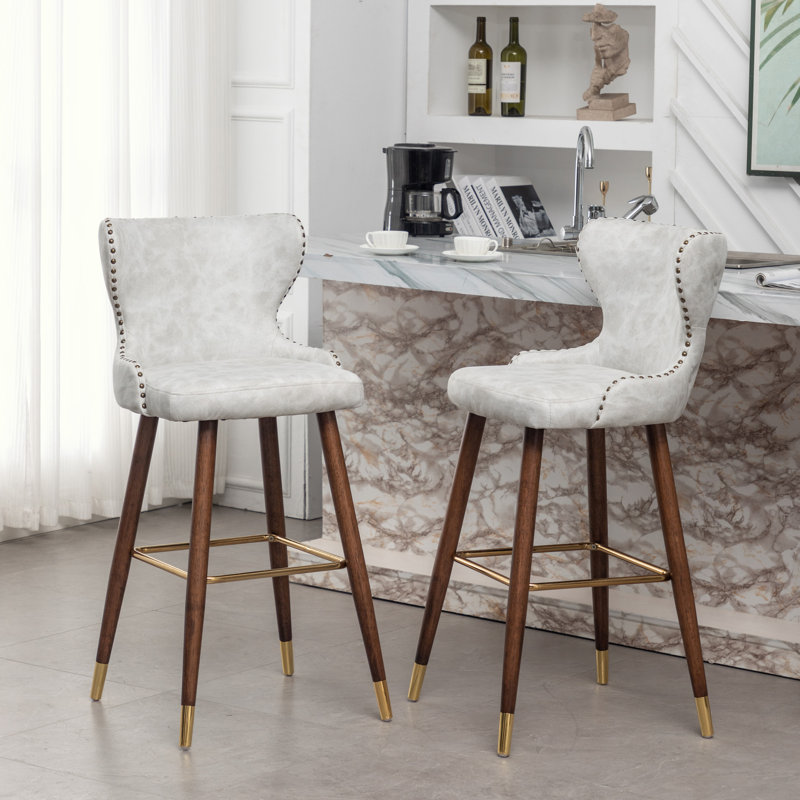 Ensemble de 2 tabourets de bar comptoir en similicuir et garniture cloutée, Faux Leather-White