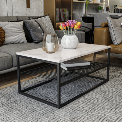 Modern Coffee Table with Marble Finish, White & Black, 37.4 x 16.5 x 21.7 Inches | 100% Melamine Coated Particle Board, Thickness: 0.7 Inches | Electrostatic Powder Coated Metal Legs, Stylish & Durable Design