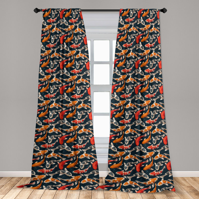 Dark Petrol Blue and Orange Koi Fish Microfiber Room-Darkening Curtain Panels