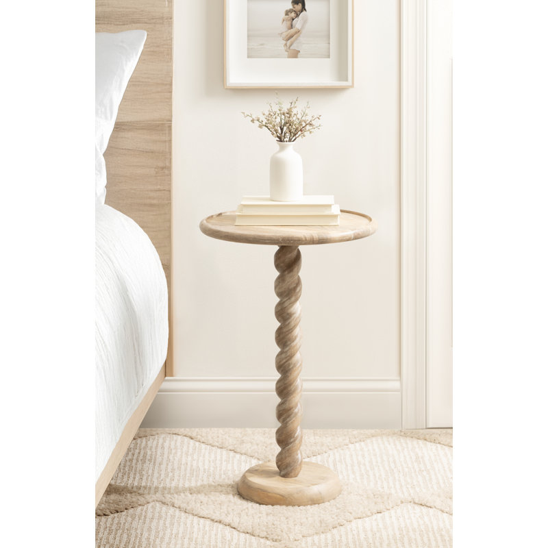 Willoughby Spiraled Mango Wood Round Side Table, Natural Wood