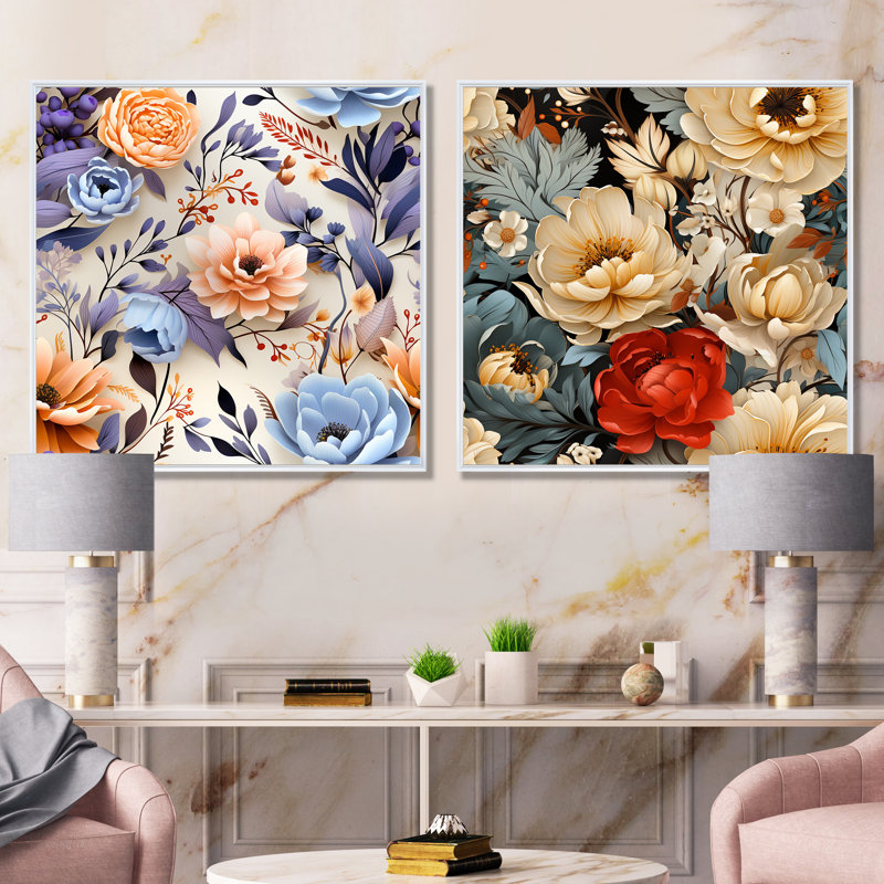Lea - Ensemble de 2 impressions sur toile florales, Cadre blanc, H 36 po x l 73 po x P 1,5 po