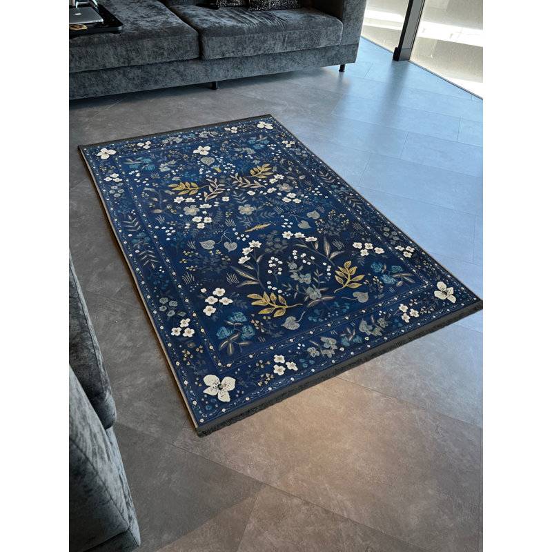 Tapis décoratif bleu marine à motif floral, Rectangle 4 pi 11,06 po x 7 pi 6,55 po