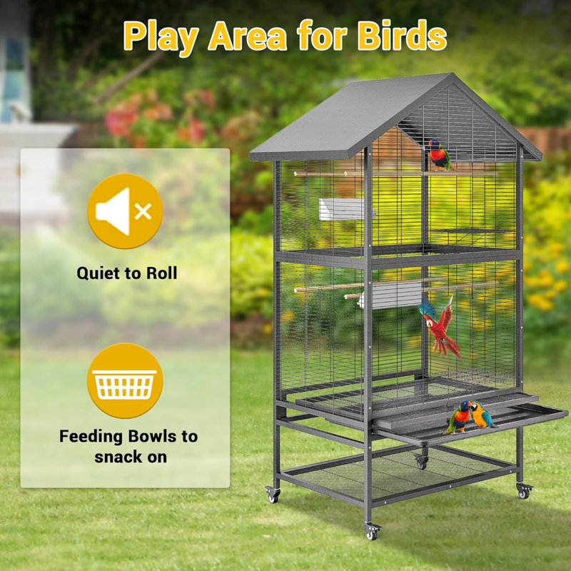 65.7 Inch Large Double BridCage,Metal Bird Fight Cage with Wheels for Parrots & Parakeets,Extra Wide 60 Rolling Parakeet Cage,Flight Cage with 4 Metal Feeders