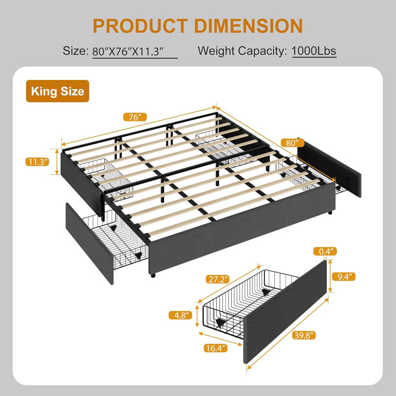 Bed Frame, Platform Bed Frame, Fabric Upholstered With 4 Storage Drawers, No Box Spring Needed, Wooden Slats Support, Noise Free, Easy Assembly, Dark Grey