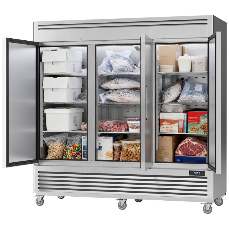 Coolake 82" Width 72 Cu.ft 3 Solid Doors Commercial Reach-in Upright Freezer In Stainless Steel Led Lighting For Restaurant Cafe Hotel Kitchen Prep Area