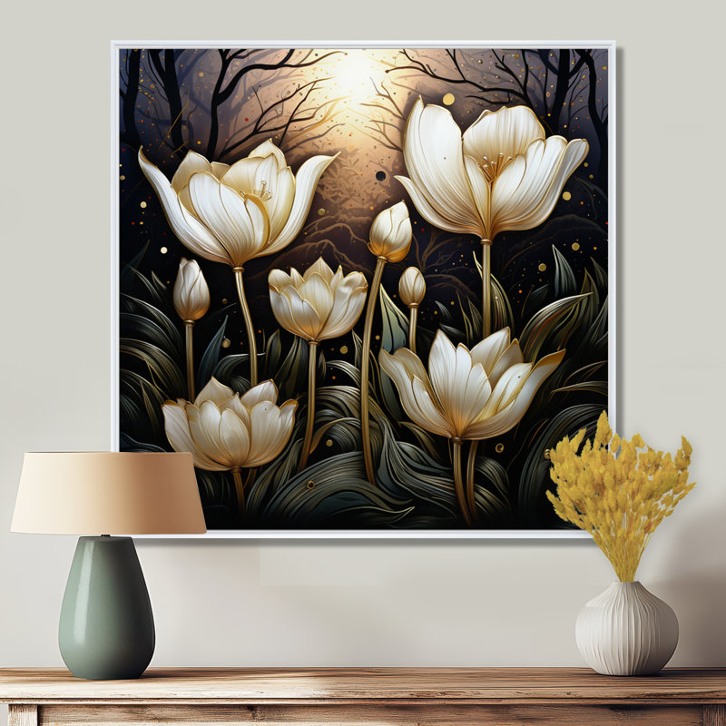 «Elegant Glam White Tulips In The Night», reproduction d'art murale fleur, H 16 po x l 16 po