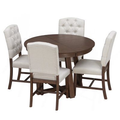 5-Piece Functional Dining Set, Round Table with a 16"W Leaf and 4 Upholstered Chairs for Dining Room and Living Room (Walnut)