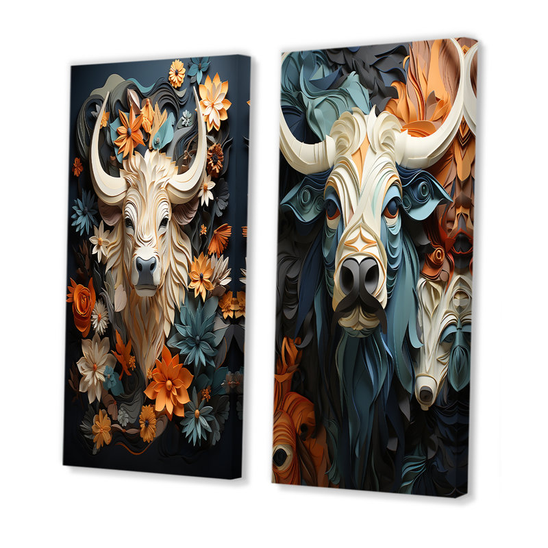 «Cubist Herd», ensemble de 2 reproductions d'art mural Yaks, H 28 po x l 25 po, Toile tendue