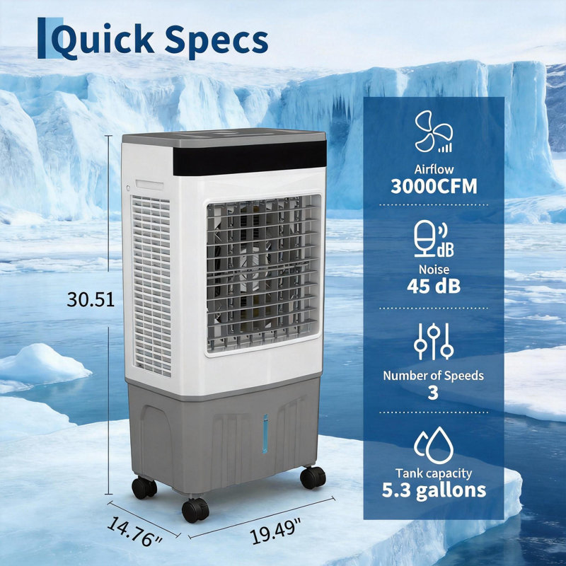Refroidisseur d'air par évaporation 3000 CFM 5,3 Gal, avec télécommande et minuterie