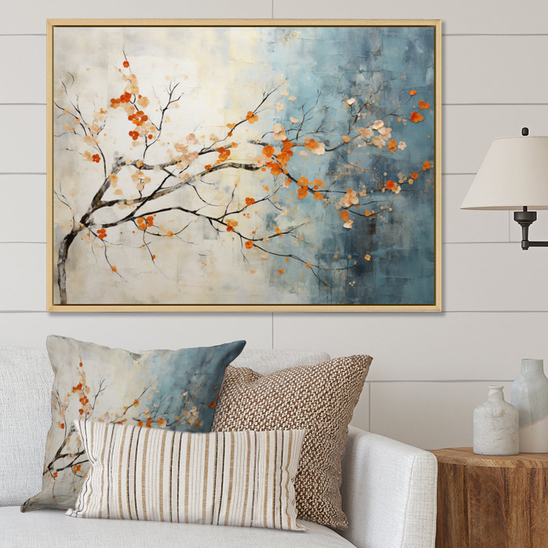 Orange, bleu sarcelle, érable, incandescent V - art mural érable, Cadre flottant érable, H 34 po x l 44 po x P 1,5 po