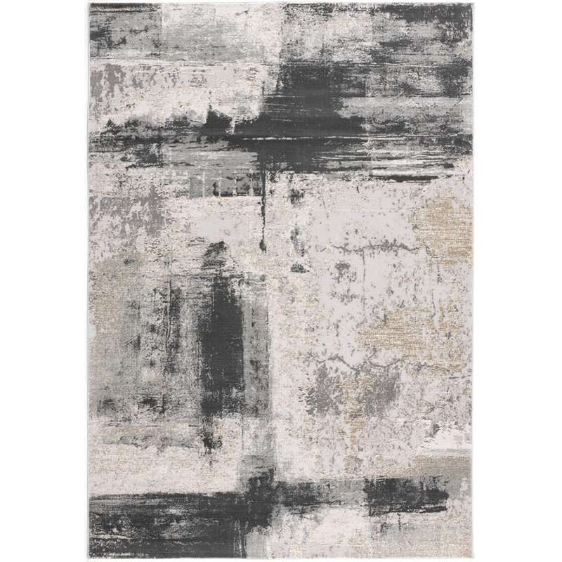 Tapis lavable abstrait gris et ivoire 4 pi x 6 pi