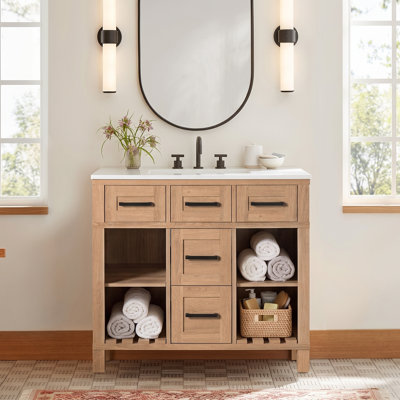 Meuble-lavabo en bois naturel Zorin Japon avec lavabo SMC intégré, deux tiroirs, tablettes réglables et rangement ouvert
