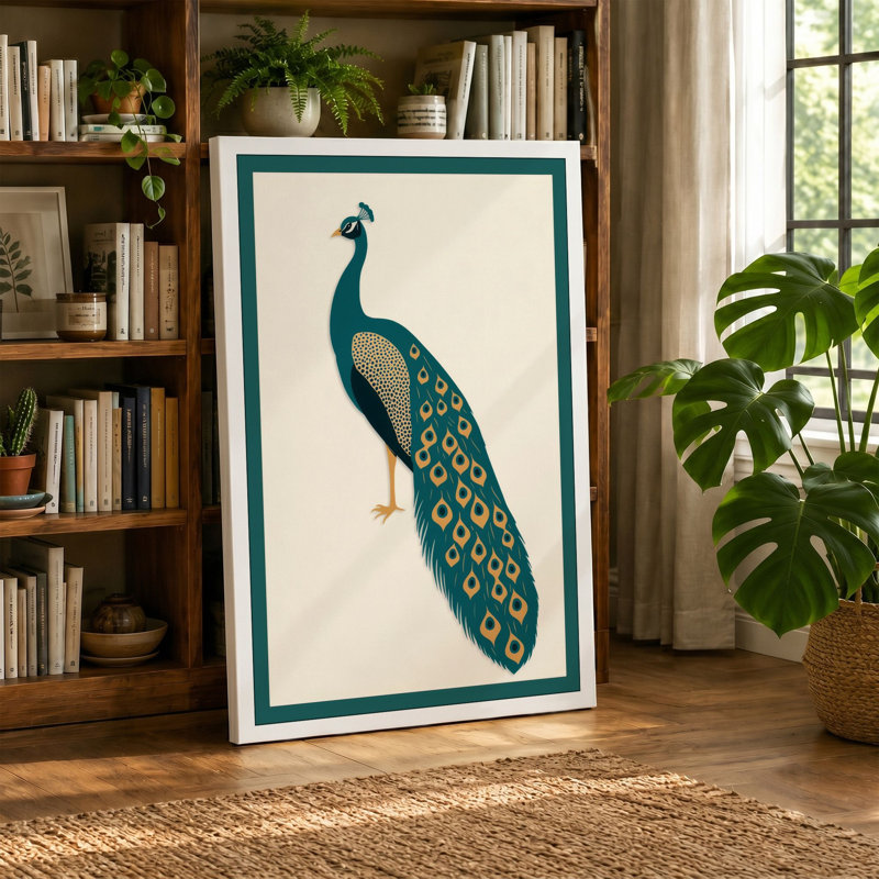 Elegant Peacock Profile Botanical - Wrapped Canvas, 24x16 - 61.0 x 40.6 cm, Teal Border