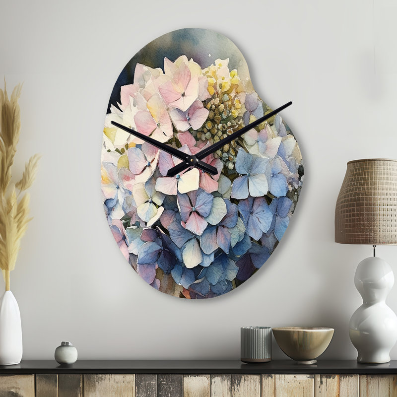 Purple Green Hydrangea III - Unique Shape Hydrangea Metal Wall Clock, Freeform Clock Print, Large