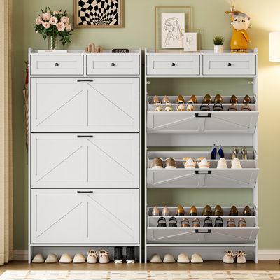 57.2"H Farmhouse Shoe Cabinet with 3 Flip Drawers & 2 Drawers – Narrow Freestanding Organizer for Entryway (Set of 2）