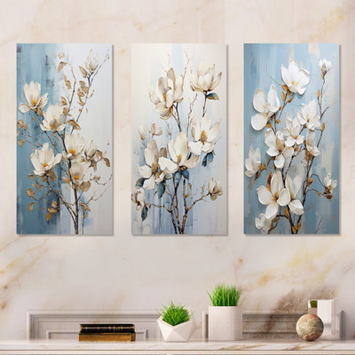 White And Gold Magnolia Petal Serenity - Magnolias Metal Wall Art Living Room Set Of 3